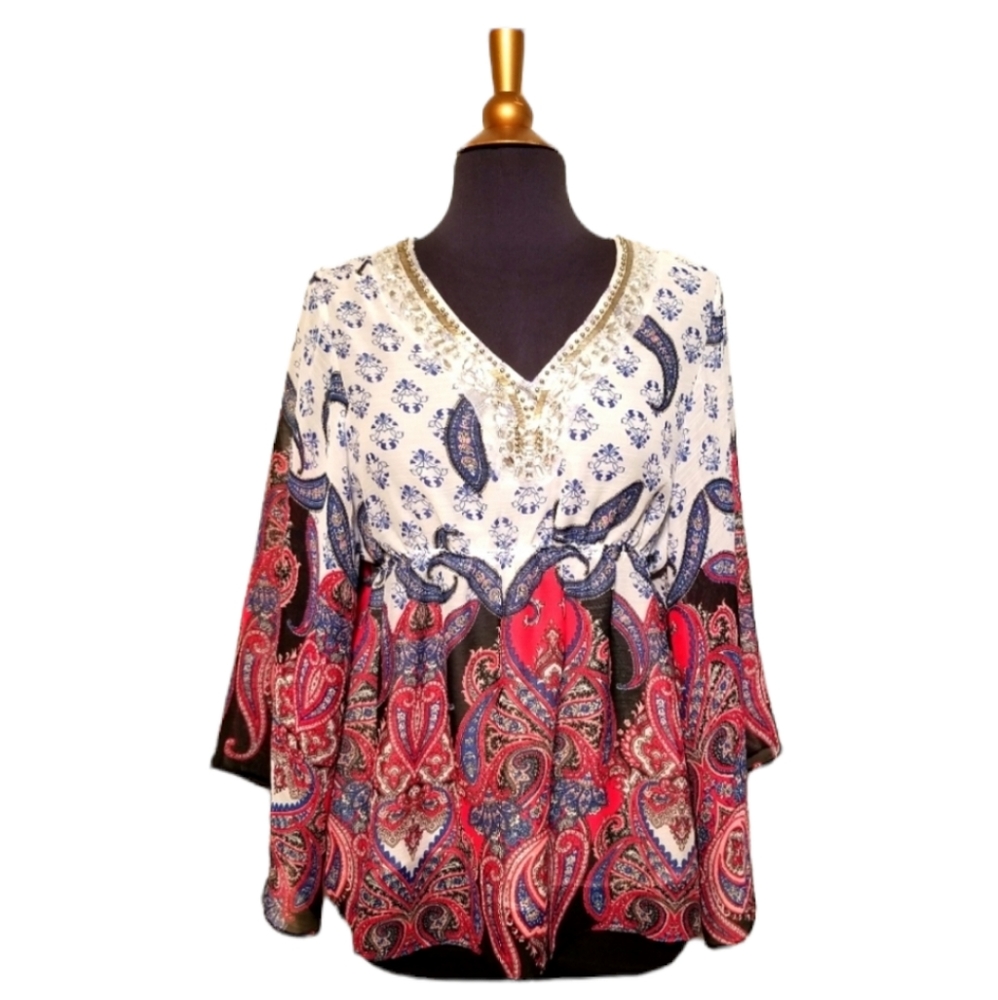 New York & Company Blouse Top Womens Size Large Lagenlook Boho New